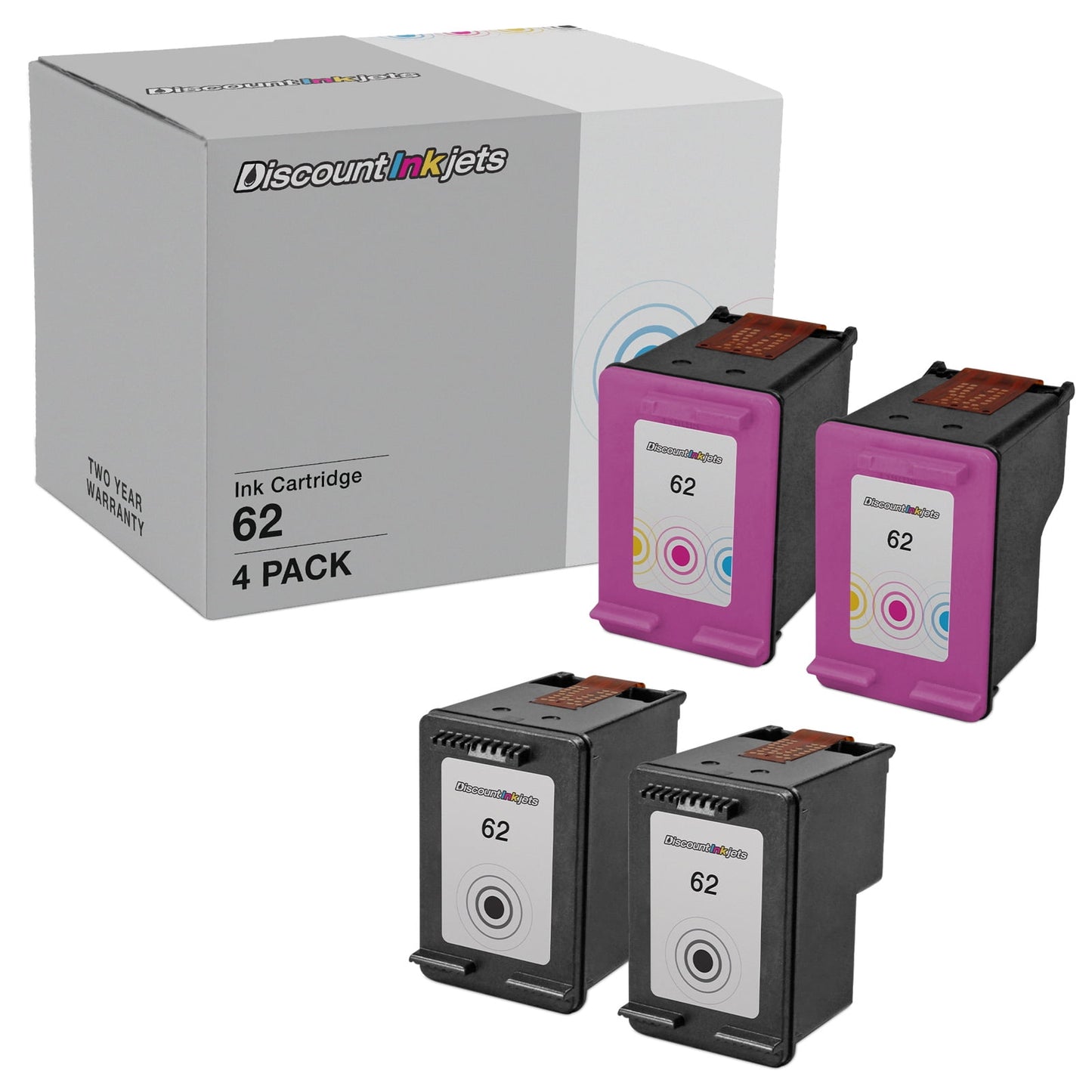 DI Ink Cartridge Replacements for HP 62 (2 Black, 2 Color, 4-Pack) Compatible with Envy: 5540, 5540 All-in-One, 5541, 5542, 5543 All-in-One, 5544, 5545, 5546, 5547, 5548, 5549, 5640, 5642, 5643, 5644
