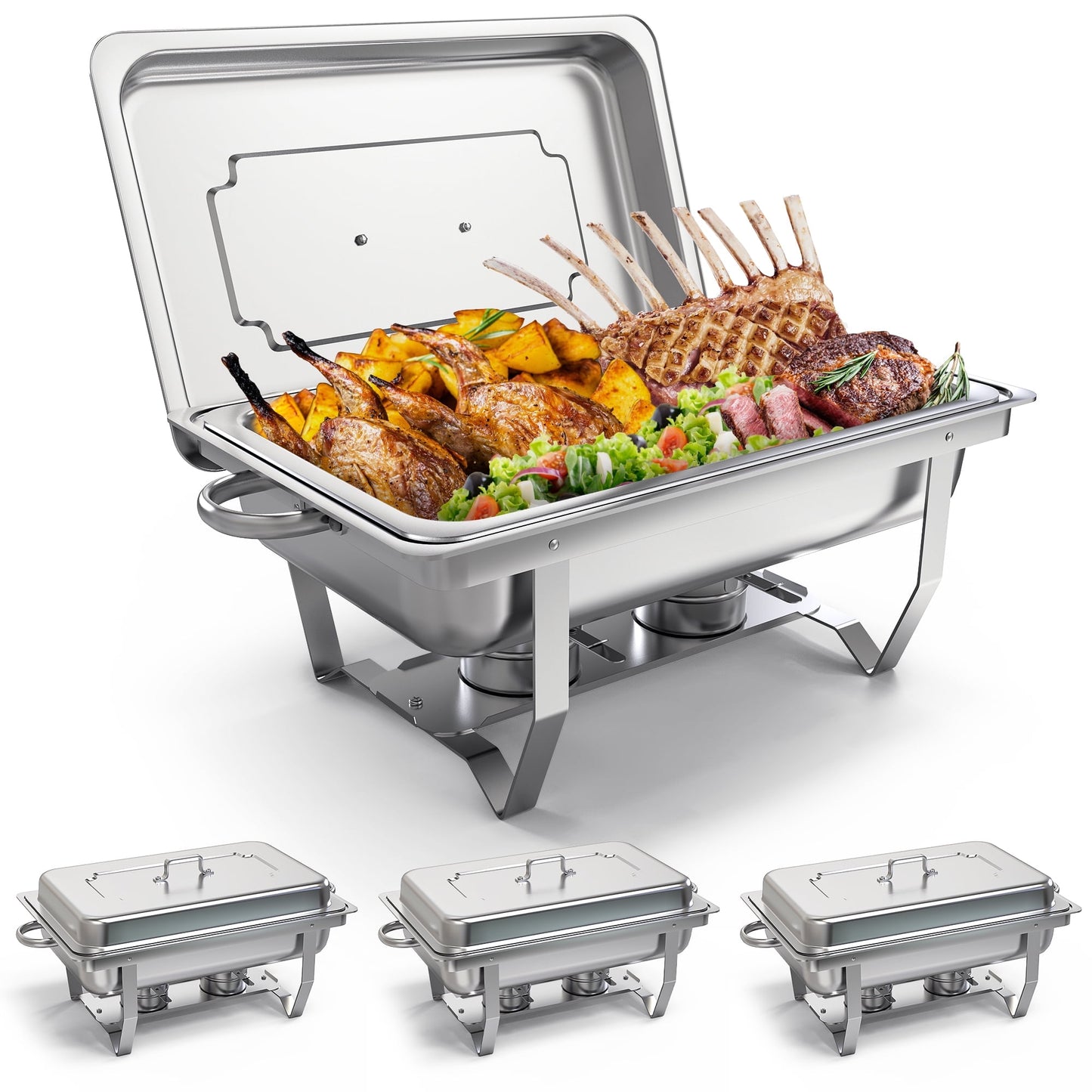 Dextrus 4Pack 9L/9.5Q Chafing Dish Sets Chafer Dish Stainless Steel Pans Full Size Rectangular Party Chafing Set