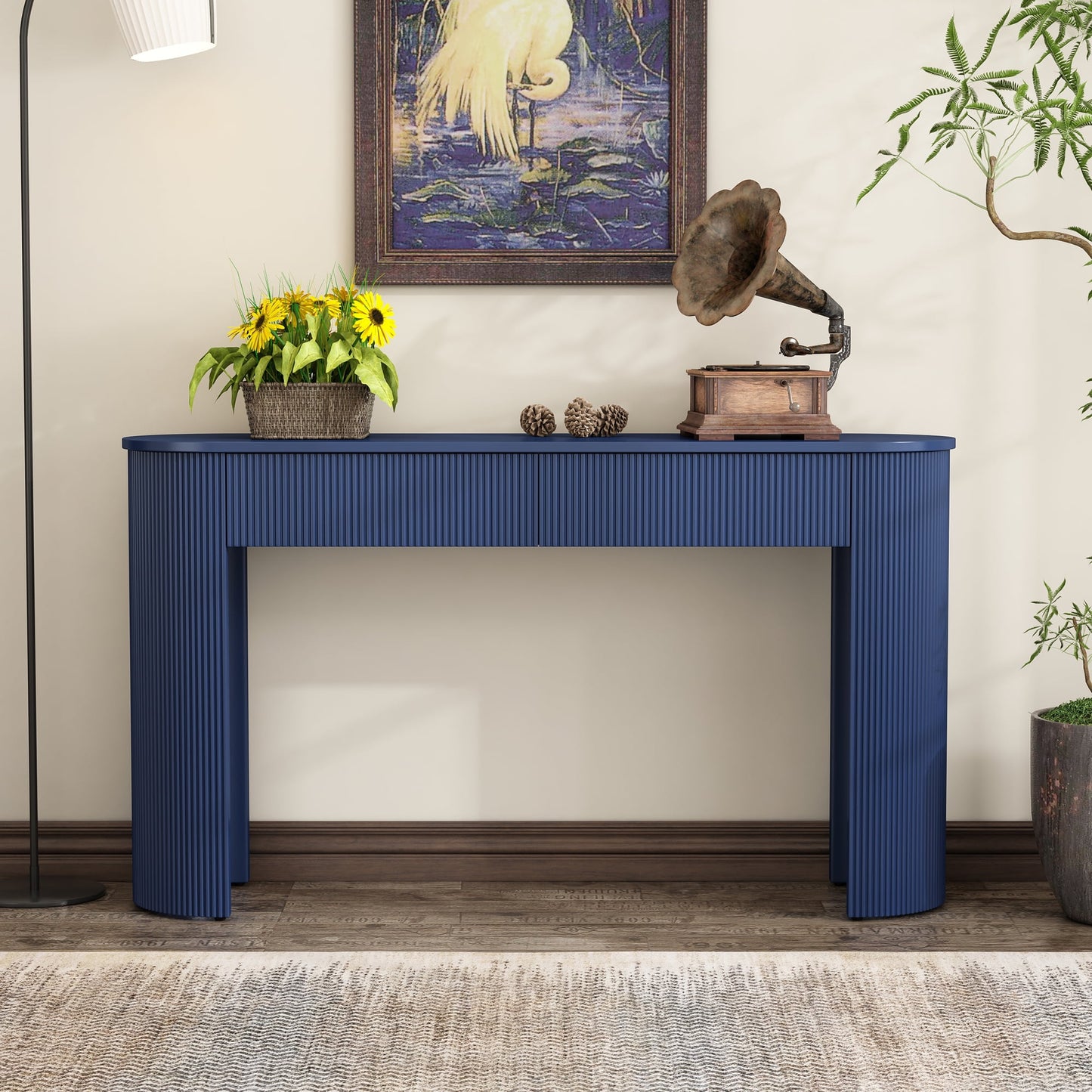 EUROCO 54" Narrow Entryway Table with Fluted Design, Wood Console Table with Oval Top and 2 Drawers,Long Sofa Table Behind Couch for Living Room Hallway Foyer,Navy