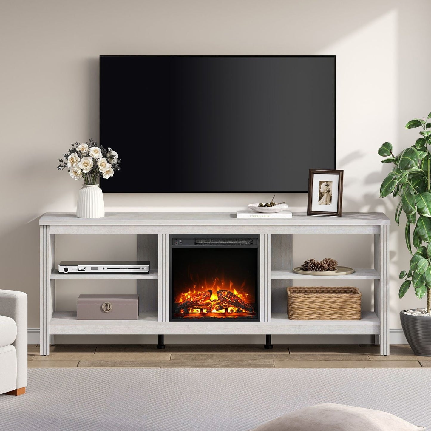 Fitueyes 70" Fireplace TV Stand for 65+ inch TV, Wood Entertainment Center with Electric Fireplace for Living Room Bedroom, Off White