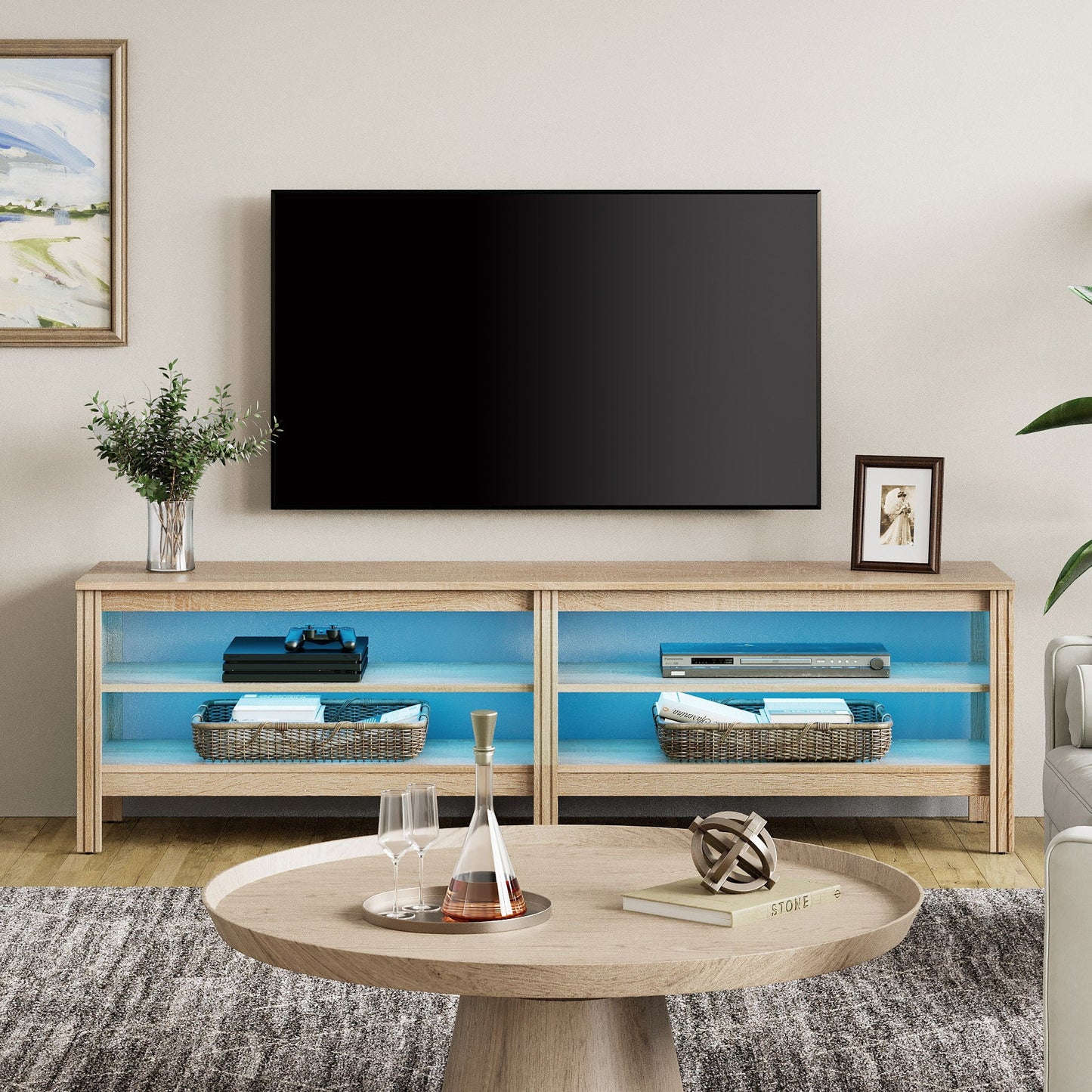 Fitueyes 70" TV Stands for TVs Up to 75 Inch, Media Console with Open Shelves & LED Light for Living Room, Oak