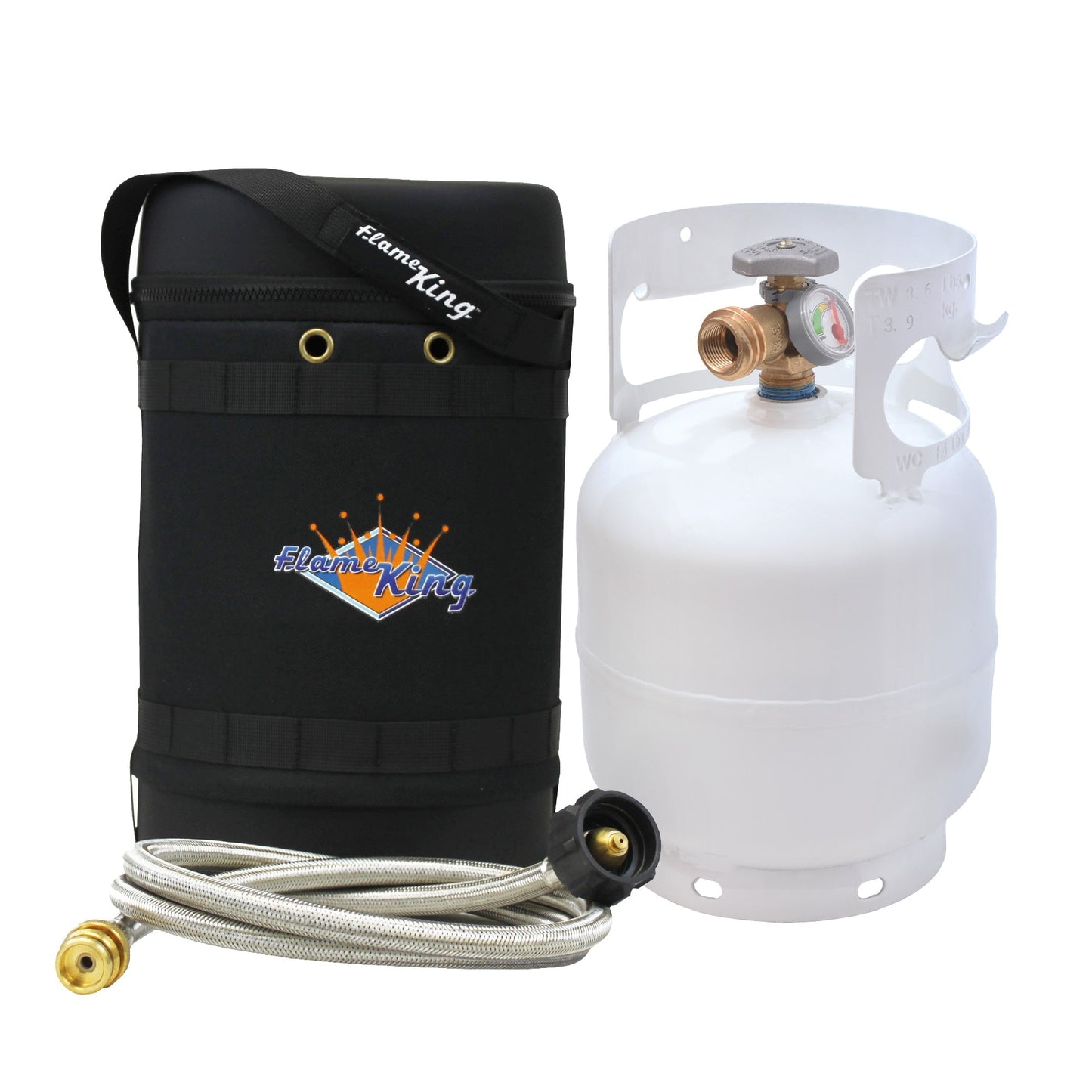 Flame King Gas Hauler Pro Kit - Insulated Protective Carry Case, 5lb Propane Tank with Built-in Gauge and 5-ft Adapter Hose for Camping and Outdoor Adventures