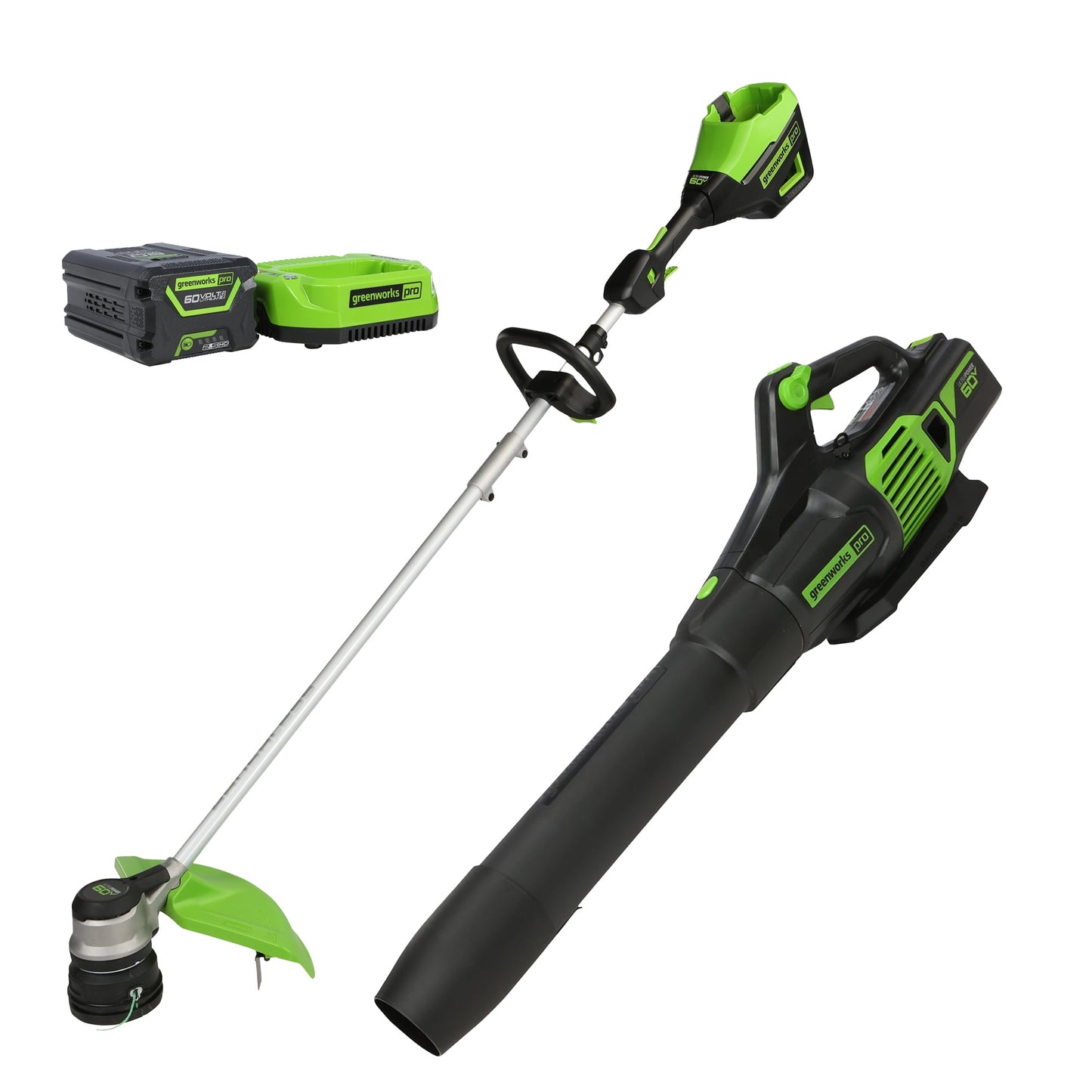 Greenworks 60V 16" Brushless String Trimmer, 610 CFM Leaf Blower Combo Kit, 2.5Ah Battery & Charger