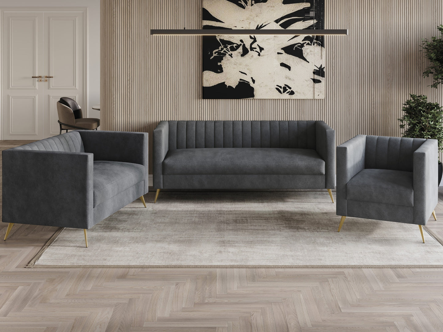 Home Design Weiss Velvet Square Arm Chair with Channel-Tufted Back and Gold Metal Legs, Modern Upholstered Living Room Seating, Dark Gray