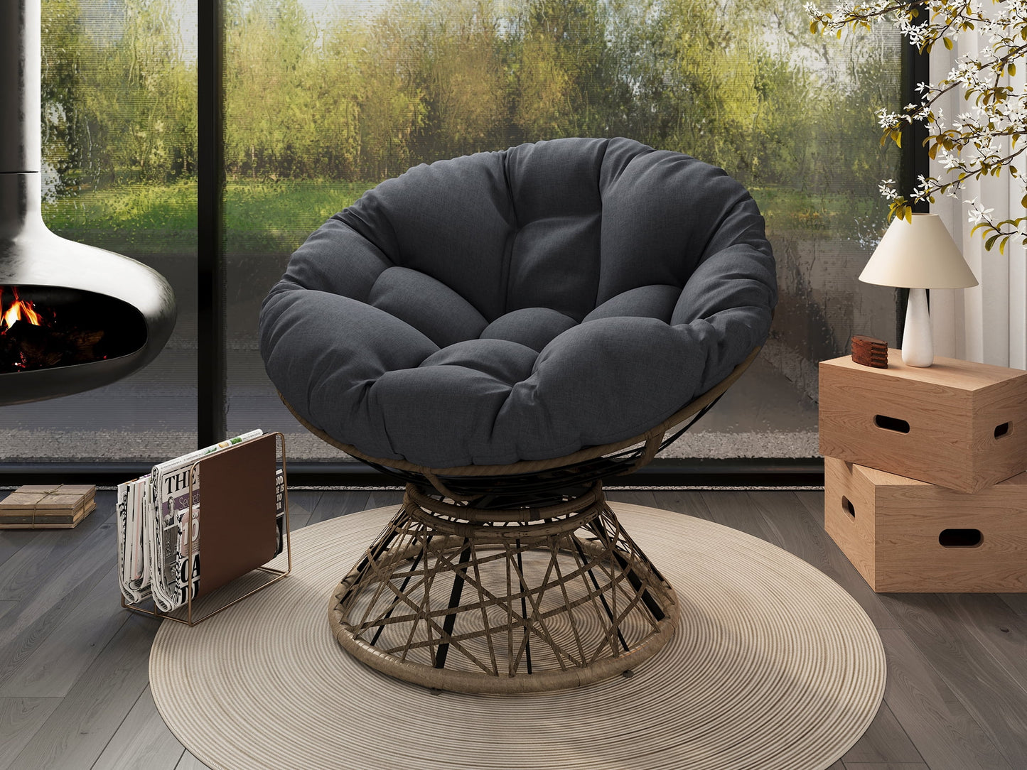 MAYEERTY 40" Ergonomic Wicker Swivel Chair - 360° Rotation with Thick Cushion/3-Proof Cover, Brown Base for Living Room/Bedroom, 2 Colors