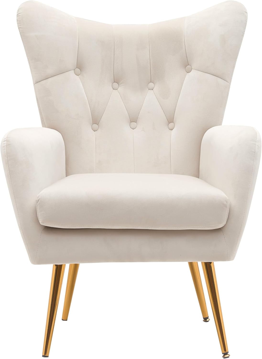 US Pride Furniture Modern Chic Mid-Century Velvet Accent Armchair for Living Room Bedroom or Home Office Button-Tufted Wingback Design with Gold Flared Legs Ivory