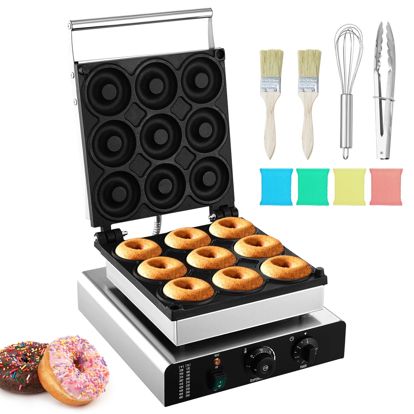 KFFKFF Electric Donut Machine, 2000W for Business/Home, Non-stick, Dual-Sided Heating, 9-Slot Waffle Maker, 122-572℉ Temp Range, Crafts 9 Donuts