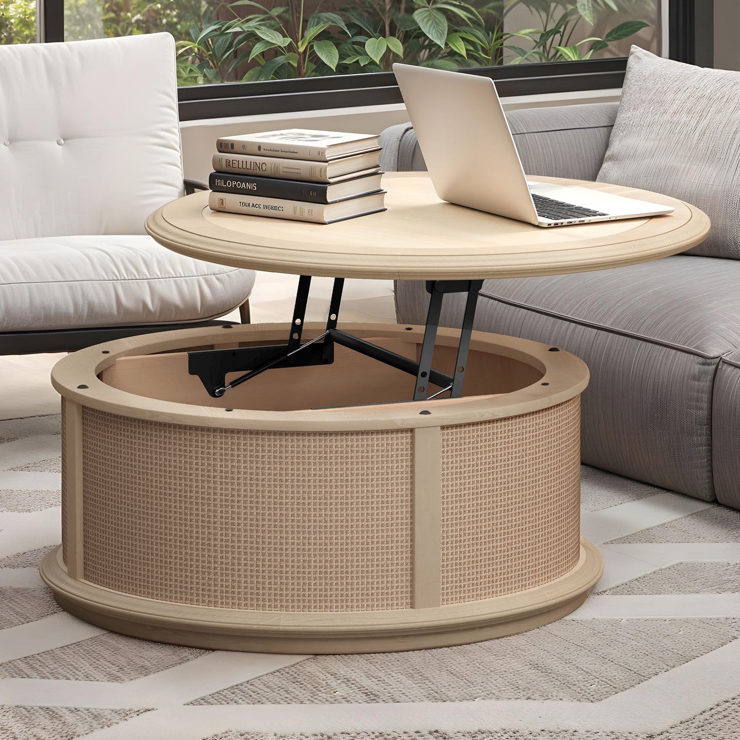 Uforic Round Rattan Drum Coffee Table with Lifting Top