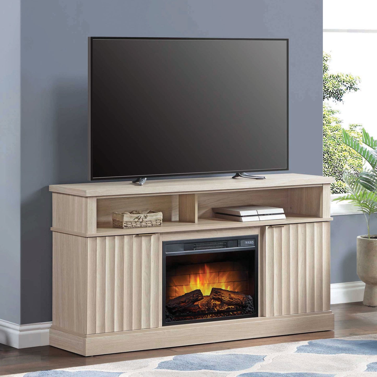 Whalen Furniture Harris Fluted Media Fireplace Console for TVs up to 70”, Pine Finish