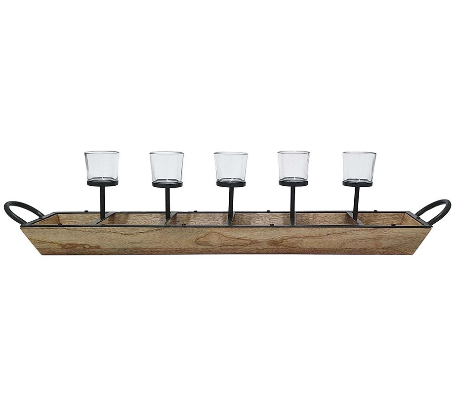 Barbara King Wooden Tray with 5 Tea Light Candle Holders