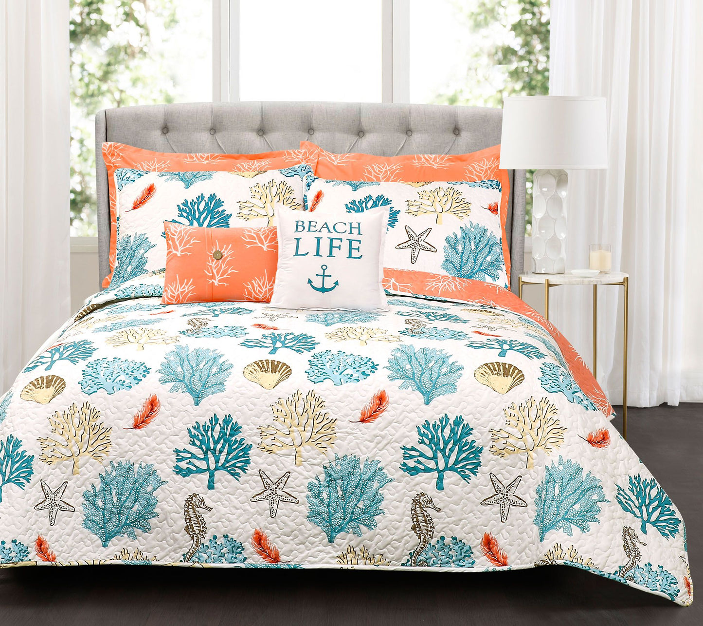 Coastal Reef Blue/Coral 7-Piece FL/QN Quilt Setby Lush Decor