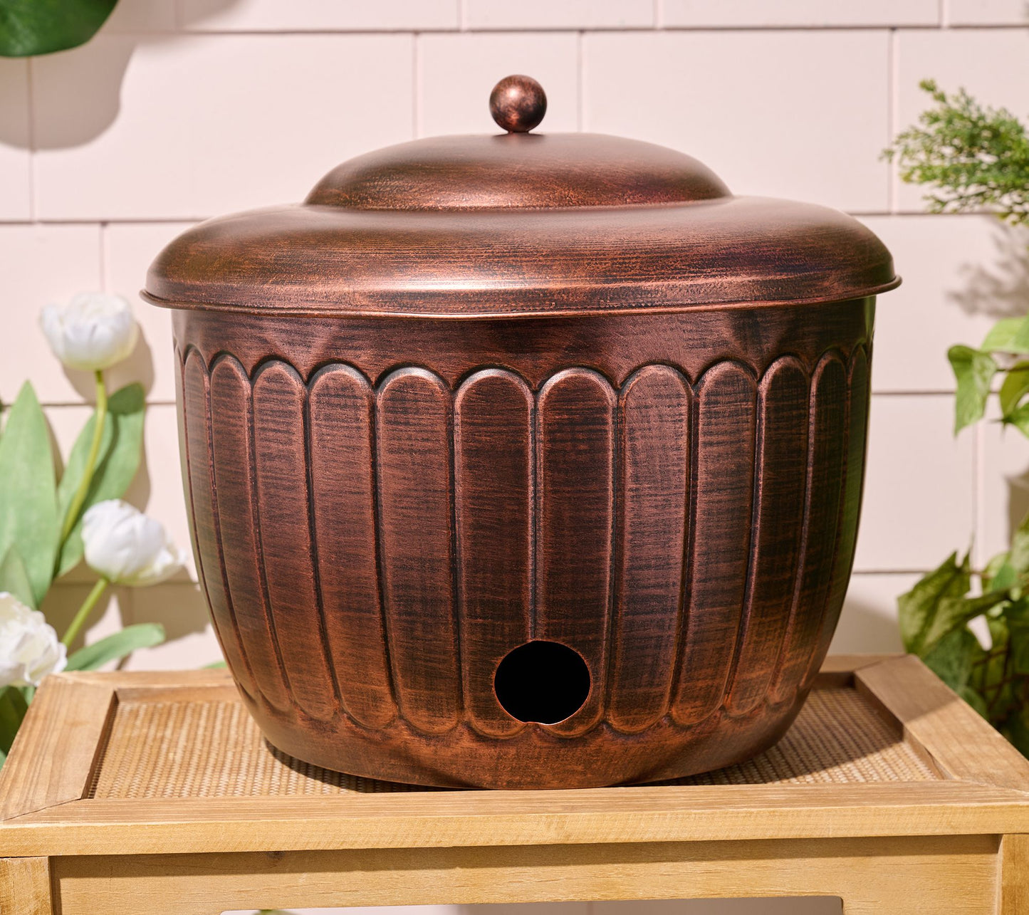 Bernini Metal Hose Storage Pot with Lid and Drainage Hole