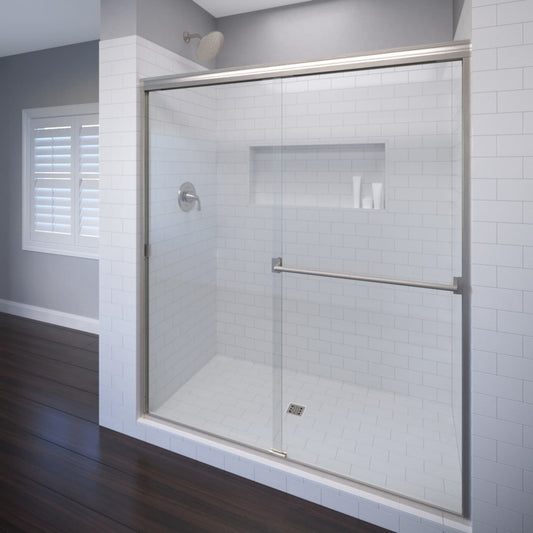 Basco Classic Brushed Nickel 56-in to 60-in W x 70.0-in H Semi-frameless Clear Glass Bypass Sliding Shower door