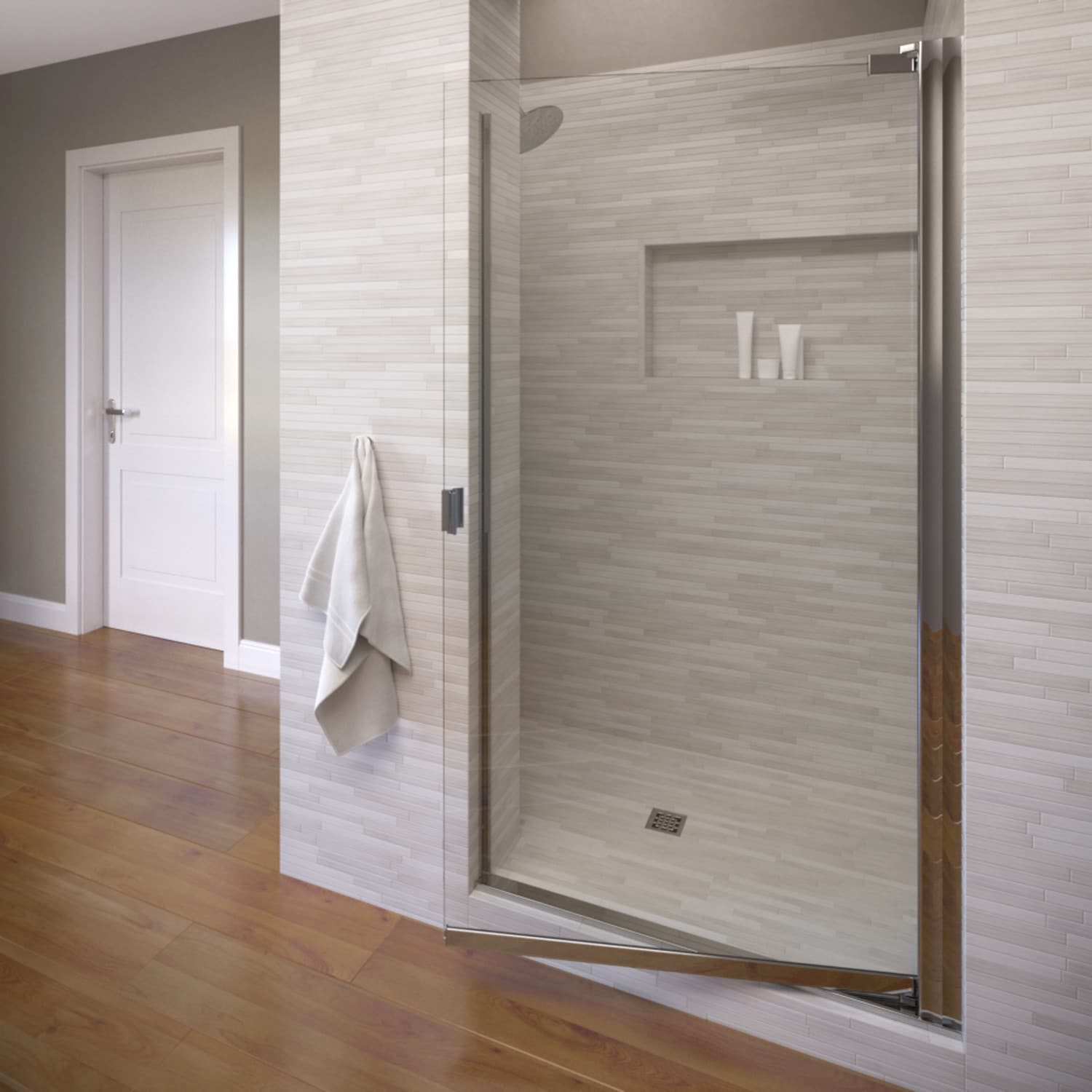 Basco Armon Chrome 26-5/8-in to 28-1/8-in W x 66.0-in H Semi-frameless Clear Glass Pivot Shower door