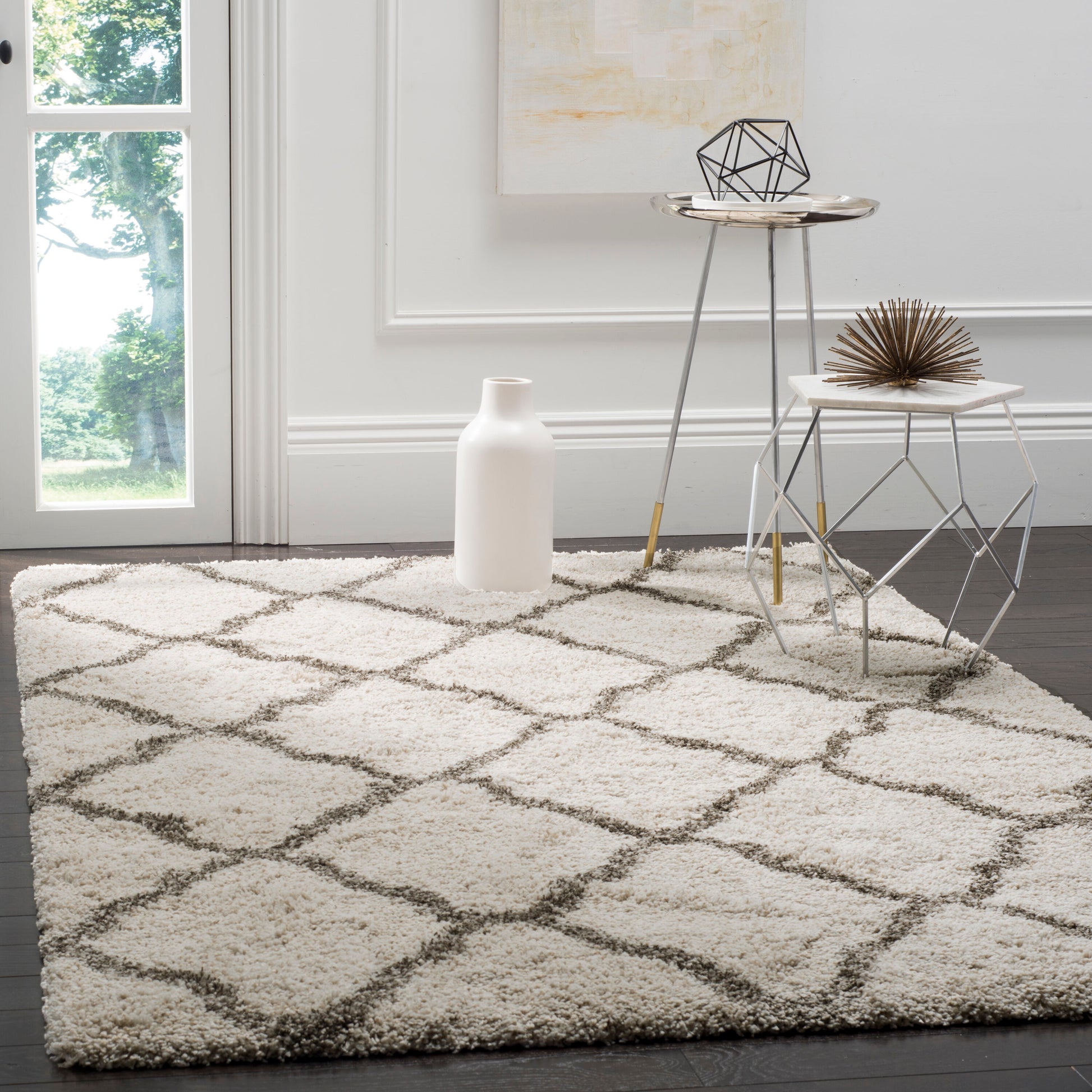 Safavieh Hudson Sabine Shag 9 x 12 (ft) Loomed Ivory/Gray Rectangular Indoor Trellis Area rug