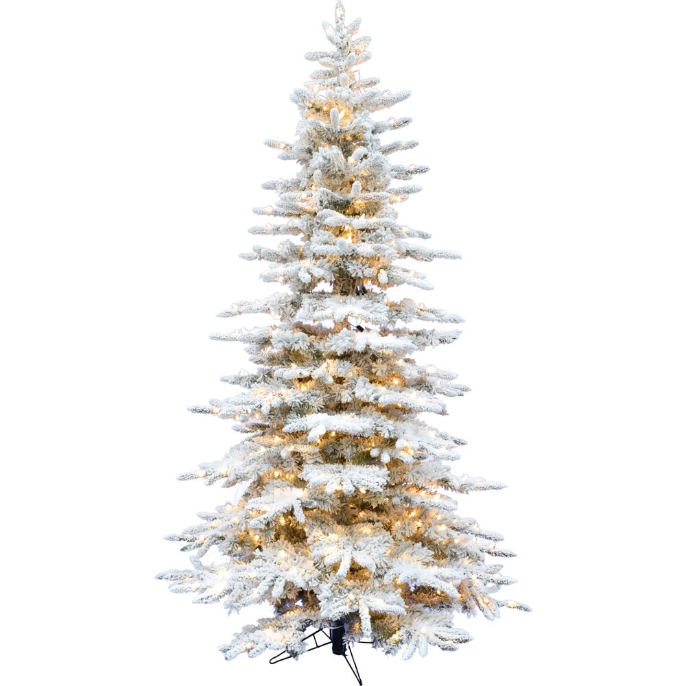 Fraser Hill Farm 7.5-ft Mountain pine Pre-lit Flocked Artificial Christmas Tree with White LED Lights