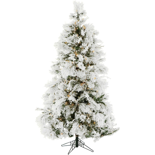 Fraser Hill Farm 9-ft Snowy pine Pre-lit Flocked White Artificial Christmas Tree with Clear Incandescent Lights