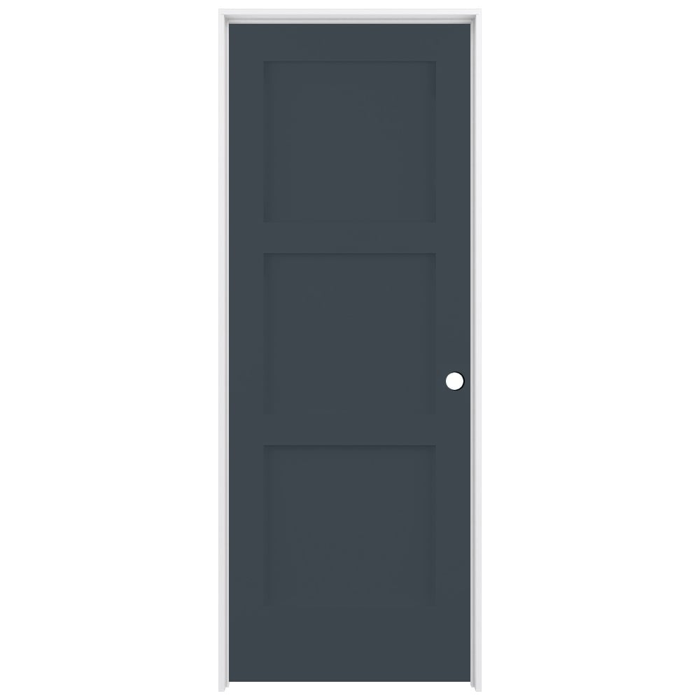 RELIABILT 32-in x 80-in Steele Gray Solid core 3-panel square Left hand Smooth Prefinished Pine Wood Flat Jamb Single Prehung Interior Door