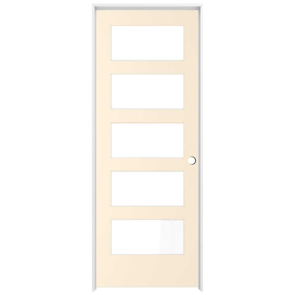 RELIABILT 24-in x 80-in Cream-n-Sugar Solid core 5-panel equal Frosted glass Left hand Smooth Prefinished Pine Wood Flat Jamb Single Prehung Interior Door