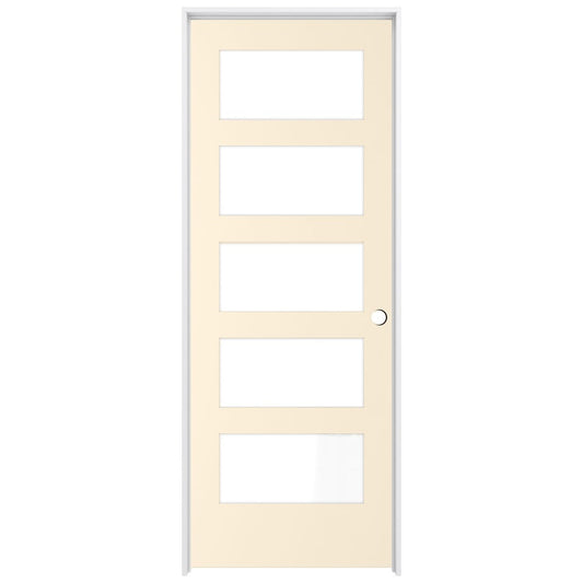 RELIABILT 24-in x 80-in Cream-n-Sugar Solid core 5-panel equal Frosted glass Left hand Smooth Prefinished Pine Wood Flat Jamb Single Prehung Interior Door