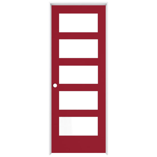RELIABILT 28-in x 80-in Barn Red Solid core 5-panel equal Frosted glass Right hand Smooth Prefinished Pine Wood Flat Jamb Single Prehung Interior Door
