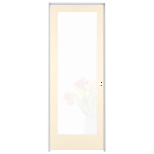 RELIABILT 36-in x 80-in Cream-n-Sugar Solid core 1-panel Frosted glass Left hand Smooth Prefinished Pine Wood Flat Jamb Single Prehung Interior Door