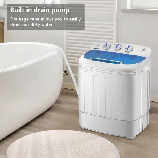 AsterOutdoor 15Lbs Compact Twin Tub Washer with Built-In Drain Pump, 9Lbs Wash 6Lbs Spin Capacity Semi-Automatic Portable Machine (White/Blue)