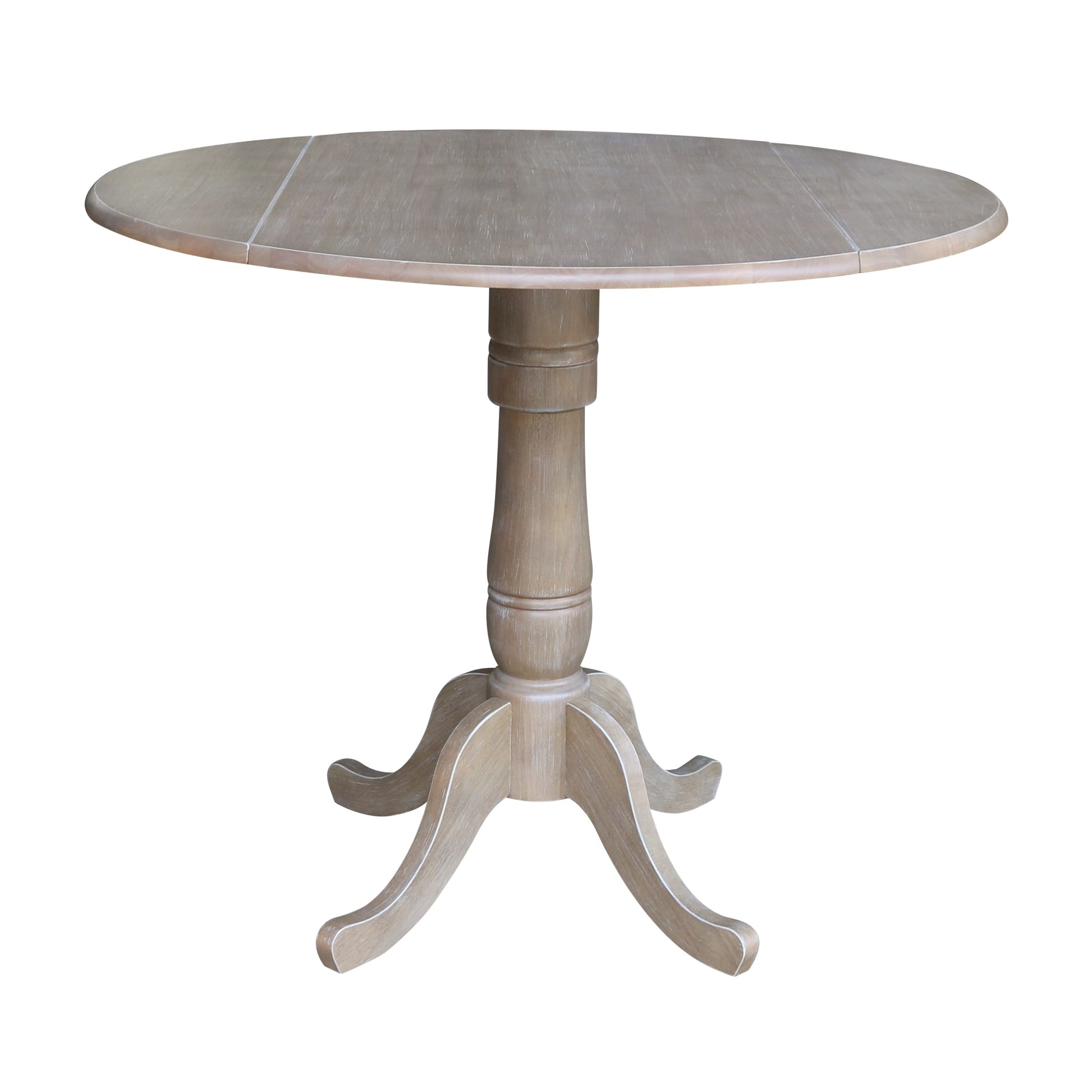 International Concepts Washed Gray Taupe Round Traditional Extending Drop leaf Wood Counter Table, with Washed Gray Taupe Finish and Wood Pedestal Base 42-in L x 35.5-in H