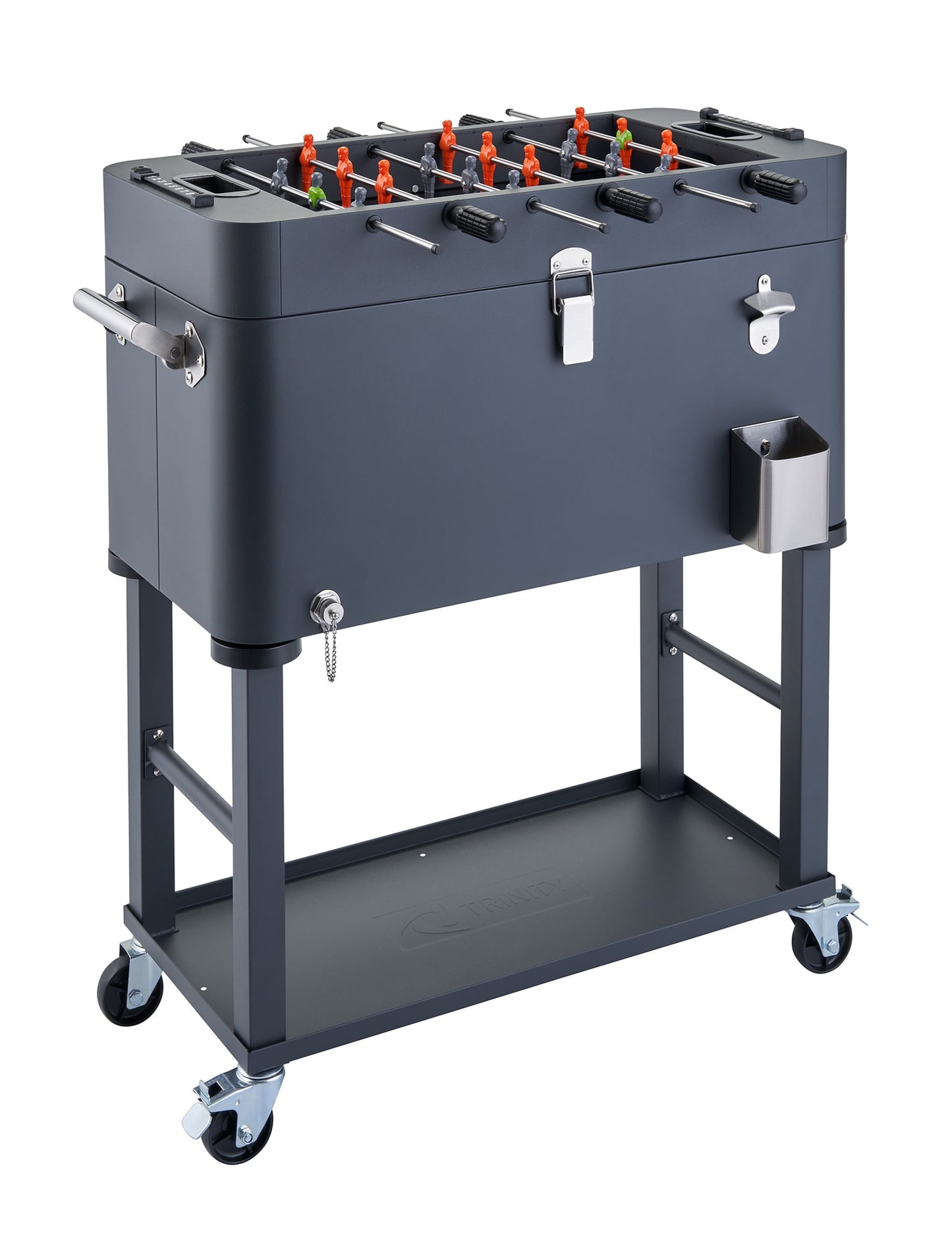 TRINITY 96-Can Capacity Gray Beverage Cooler with Foosball Design, Insulated Steel Construction, Press-Down Lid, and Folding Side Handles TXKPGR-0809