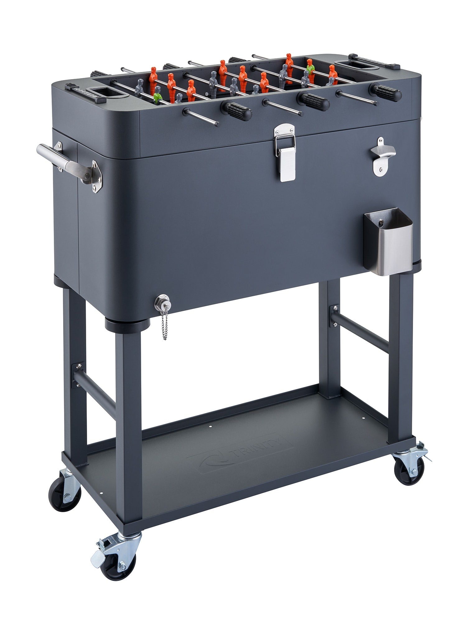 TRINITY 96-Can Capacity Gray Beverage Cooler with Foosball Design, Insulated Steel Construction, Press-Down Lid, and Folding Side Handles TXKPGR-0809