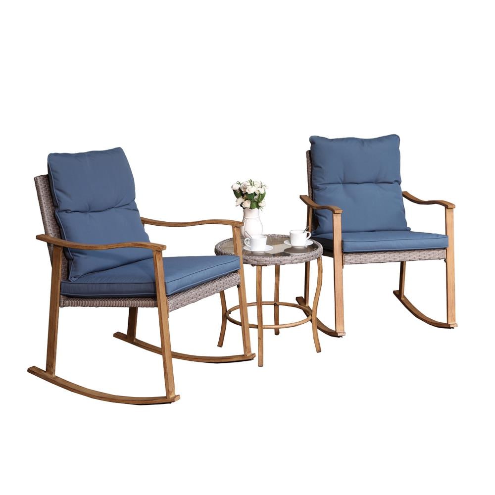 COSIEST Set of 2 Wicker Wooden Iron Frame Rocking Chair with Blue Cushioned Seat