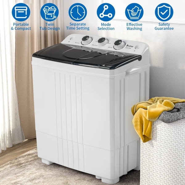 20Lb Twin Tub Washing Machine w/ Built-In Pump - Semi-Automatic 1300RPM Compact Washer for Apartment, Dorm, RV, Camping, White/Black