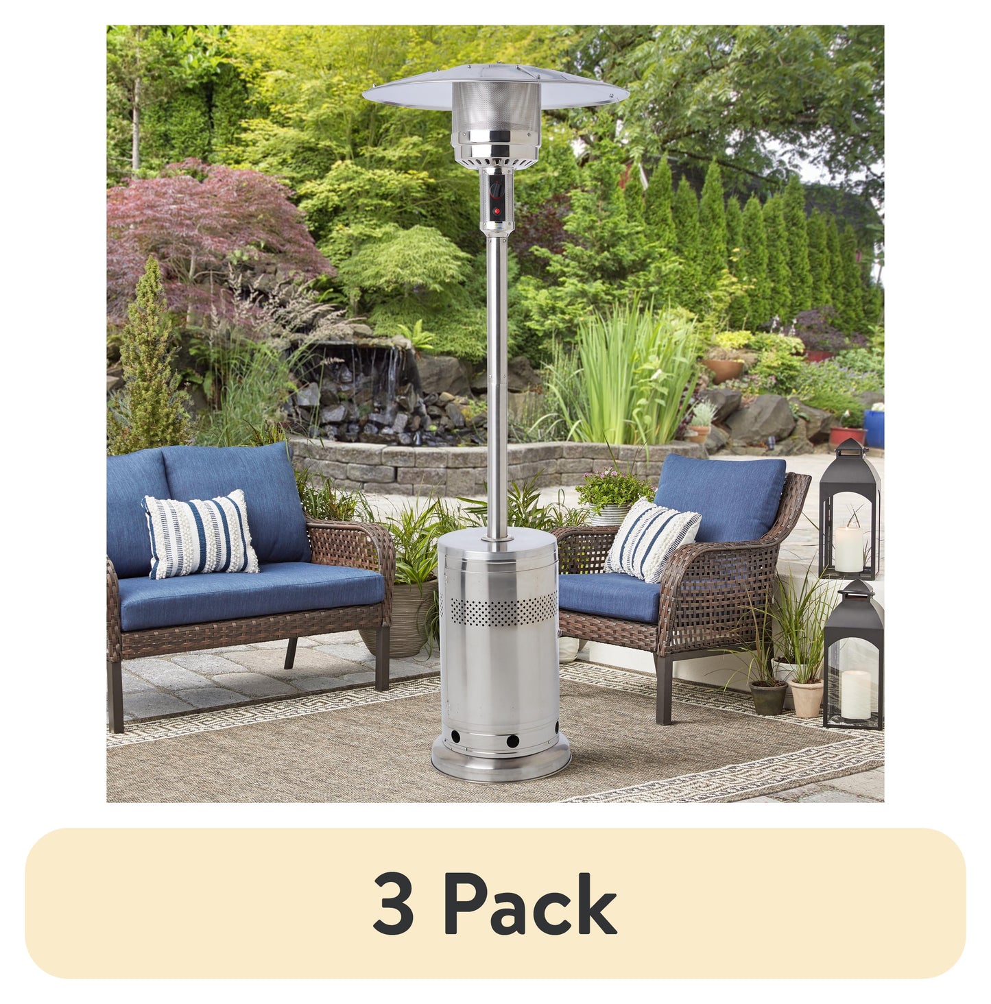 (3 pack) Mainstays 48,000 BTU Freestanding Metal Propane Patio Heater, Stainless Steel