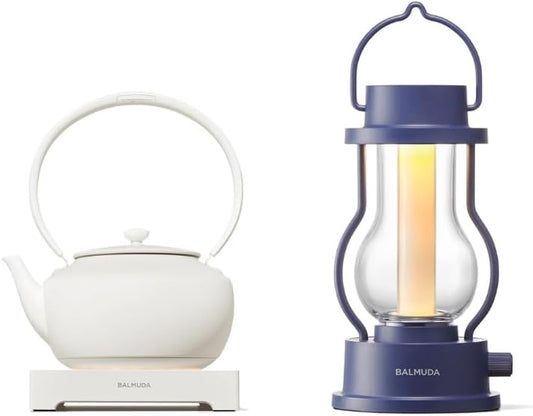 BALMUDA Combo Pack: MoonKettle White & The Lantern Navy | Electric Kettle with Temp Control & Rechargeable LED Lantern