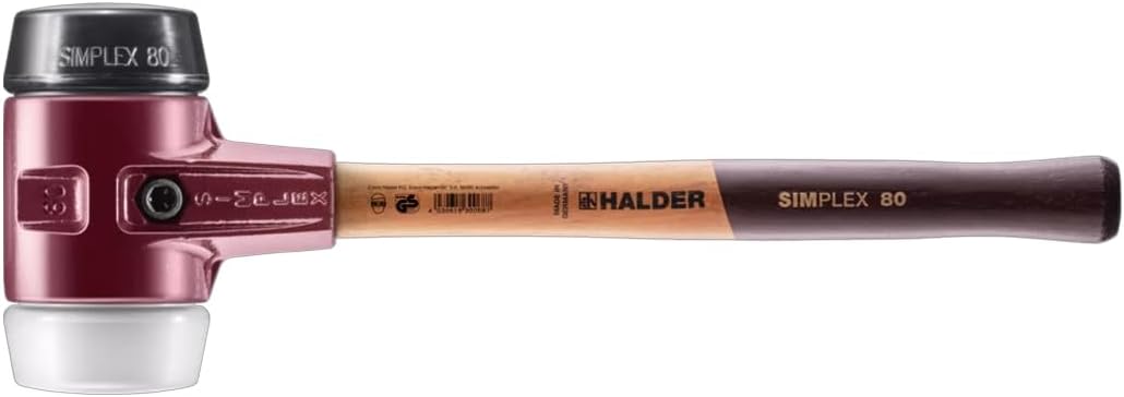 Halder Simplex Soft-Faced Mallet 3027.080 - Medium-Hard Rubber Insert, Hard Superplastic Insert, Cast Iron Housing with Handle Protection Sleeve, Varnished Wooden Handle, 80mm, 6.1 lbs.