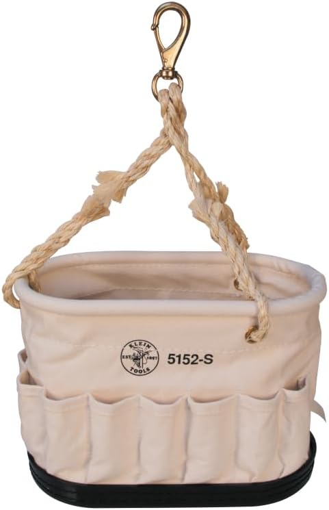 Klein Tools 5152S Canvas Bucket, Oval Tool Bucket Organizer with Sisal-Rope Hanging Handle, 26 Interior Pockets and 15 Exterior Pockets