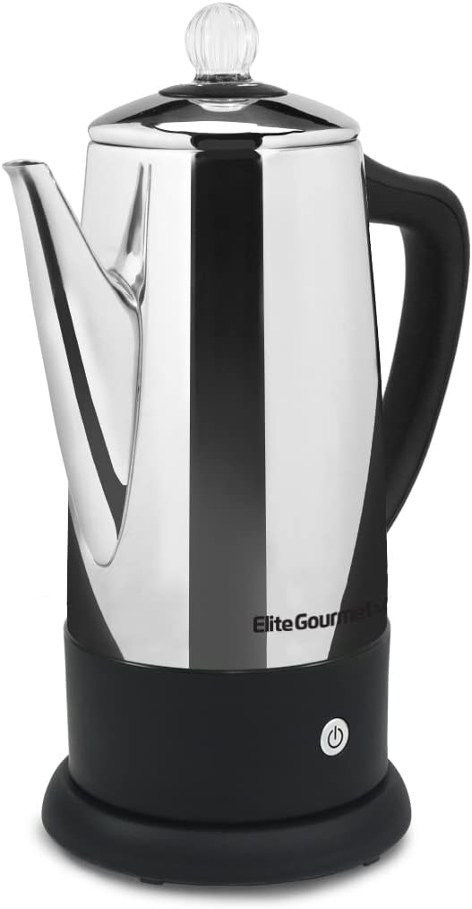 Elite Gourmet EC812 Electric 12-Cup Coffee Percolator with Keep Warm, Clear Brew Progress Knob Cool-Touch Handle Cord-less Serve, Stainless Steel