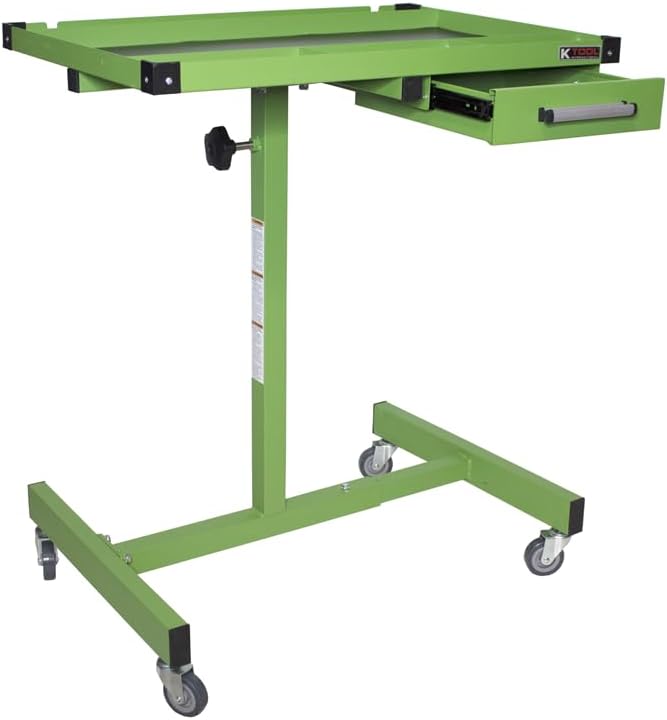 K Tool International 75108 Adjustable Tear Down Work Table with Drawer for Garages, Repair Shops, and DIY, Portable, (4) 2" Swivel Casters, 200 Pound Capacity, Rubber Corners, Heavy Duty Steel, Green