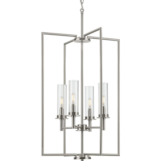 Progress Lighting Kellwyn 4 -Light Brushed Nickel Transitional Clear glass Lantern Medium Hanging Pendant light
