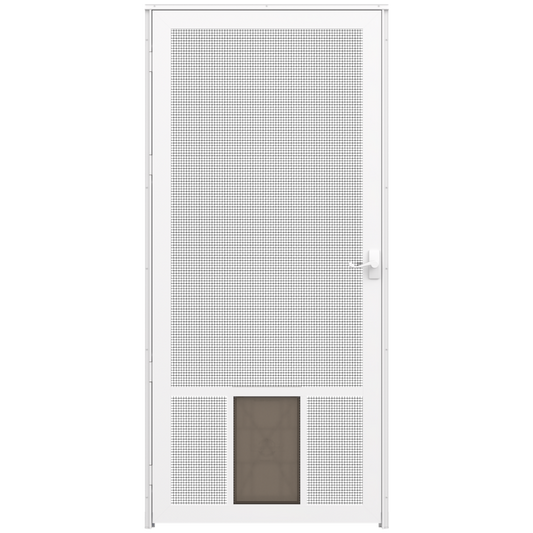 LARSON Pet Breeze Universal reversible Hinged Screen door 32-in x 81-in White Aluminum Single (Handle Included) with Pet Door