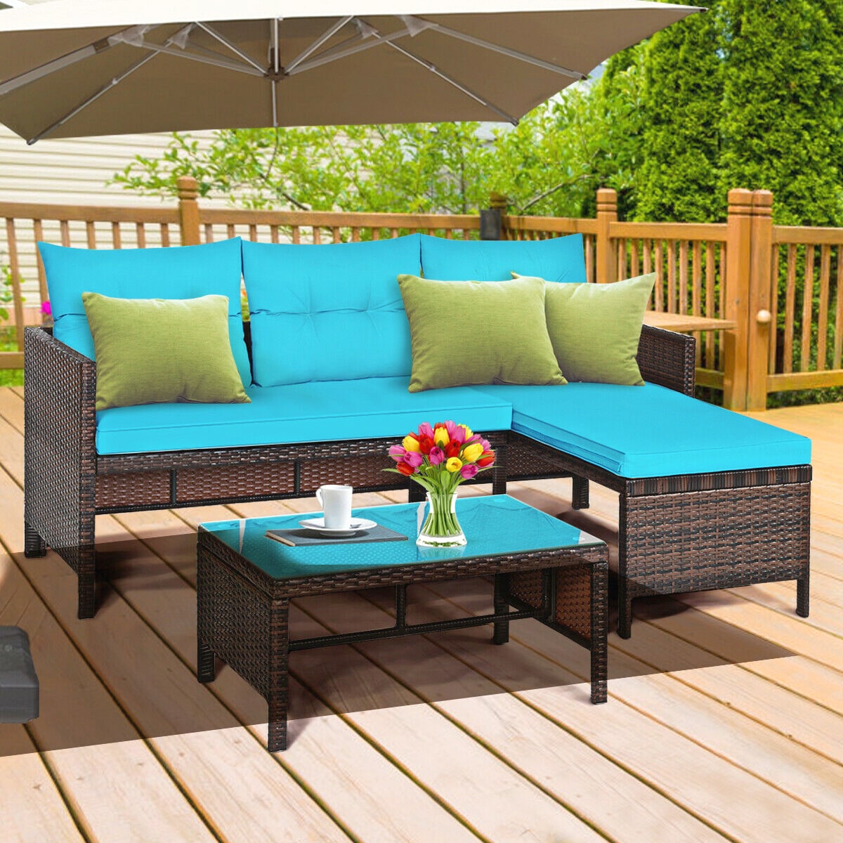 Clihome 3 -Piece Rattan 2 Patio Sofa Conversation Set with Blue Cushions