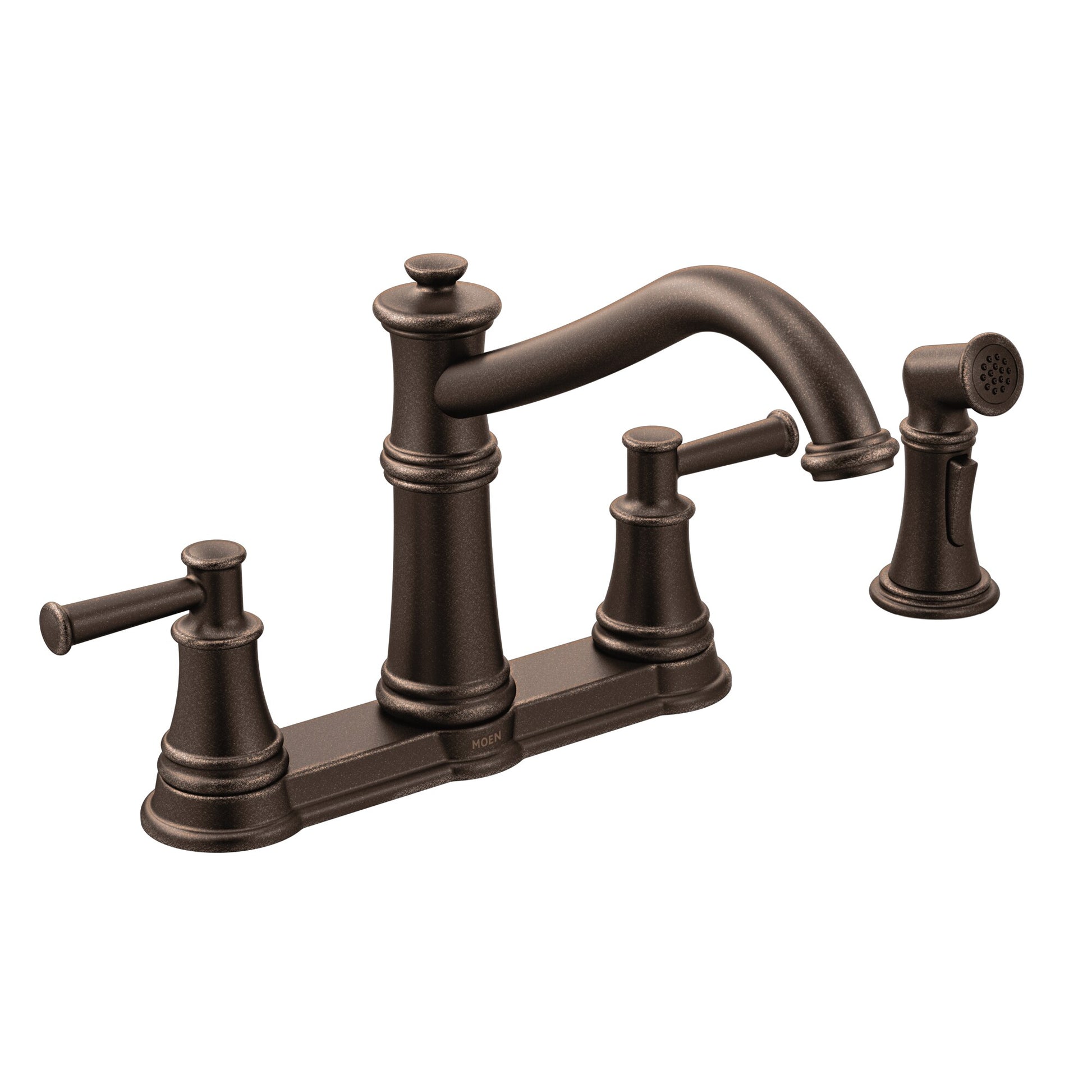 Moen Belfield Oil Rubbed Bronze Double Handle Kitchen Faucet with Sprayer (Deck Plate and Side Spray Included)