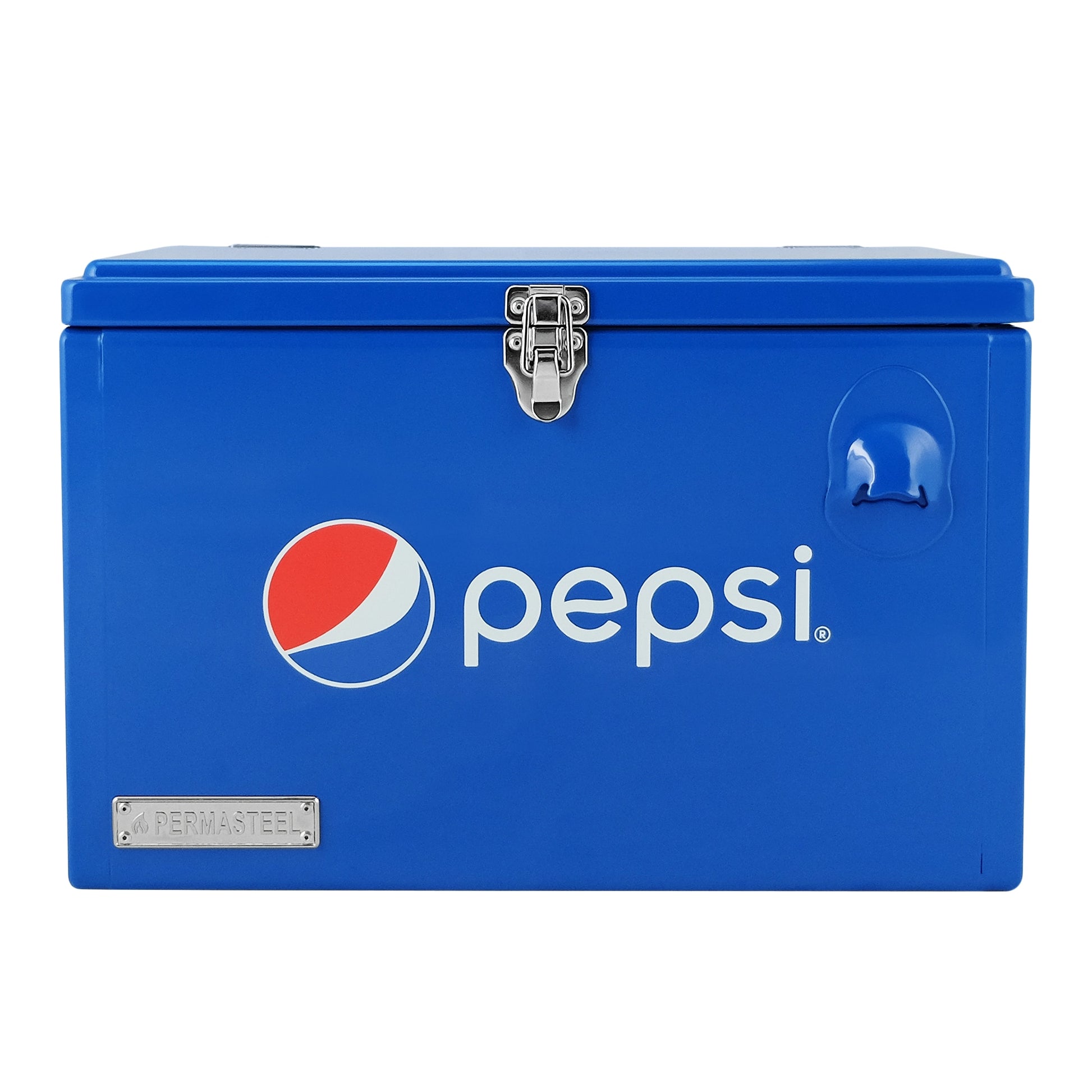 Pepsi Blue Steel Insulated Beverage Cooler, 21 Quart Capacity, Press-Down Lid, Portable with 2 Handles and Bottle Opener PS-205-21PE-BL