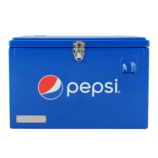 Pepsi Blue Steel Insulated Beverage Cooler, 21 Quart Capacity, Press-Down Lid, Portable with 2 Handles and Bottle Opener PS-205-21PE-BL