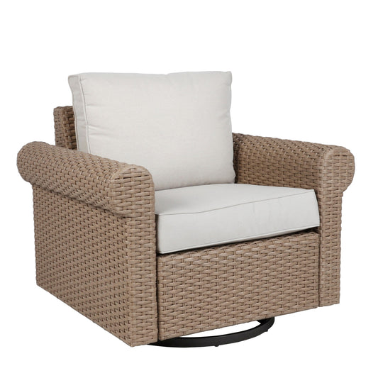 allen + roth Emerald Cove Wicker Brown Steel Frame Swivel glider Conversation Chair with Cream Cushioned Seat