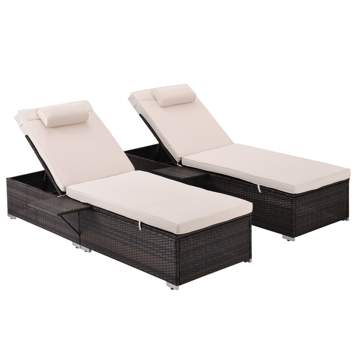 Clihome 2 Piece wicker patio chaise lounge set Set of 2 Rattan Expresso Wicker Frame Chaise Lounge Chair with White 250g polyester water-proof fabric and high quality sponge padded Cushioned Seat