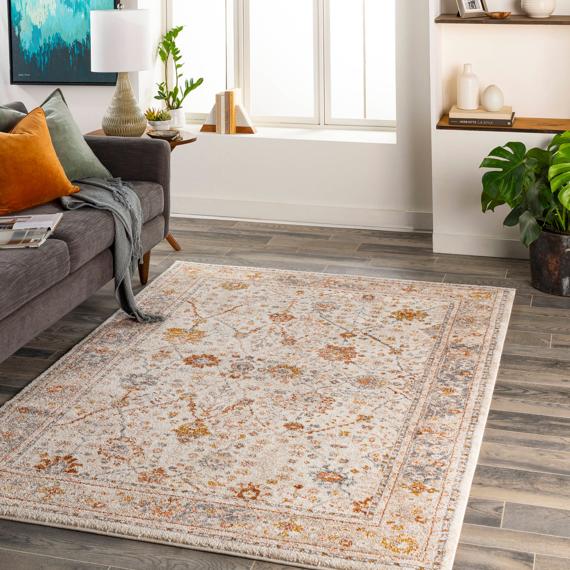 allen + roth with STAINMASTER Camille Border 6 x 9 (ft) Loomed Beige Rectangular Indoor Floral/Botanical French Country Pet Friendly Area rug