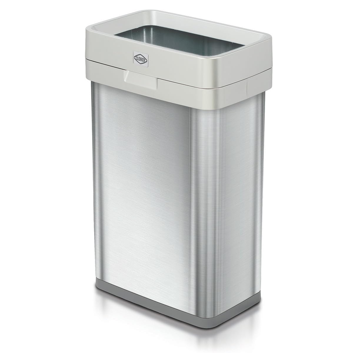 CLOROX 13 Gallon Trash Can - 50L Slim Open Top Garbage Bin for Commercial Spaces, Kitchen, Office - Narrow Rectangular Stainless Steel Body with Hinged Rim Protection