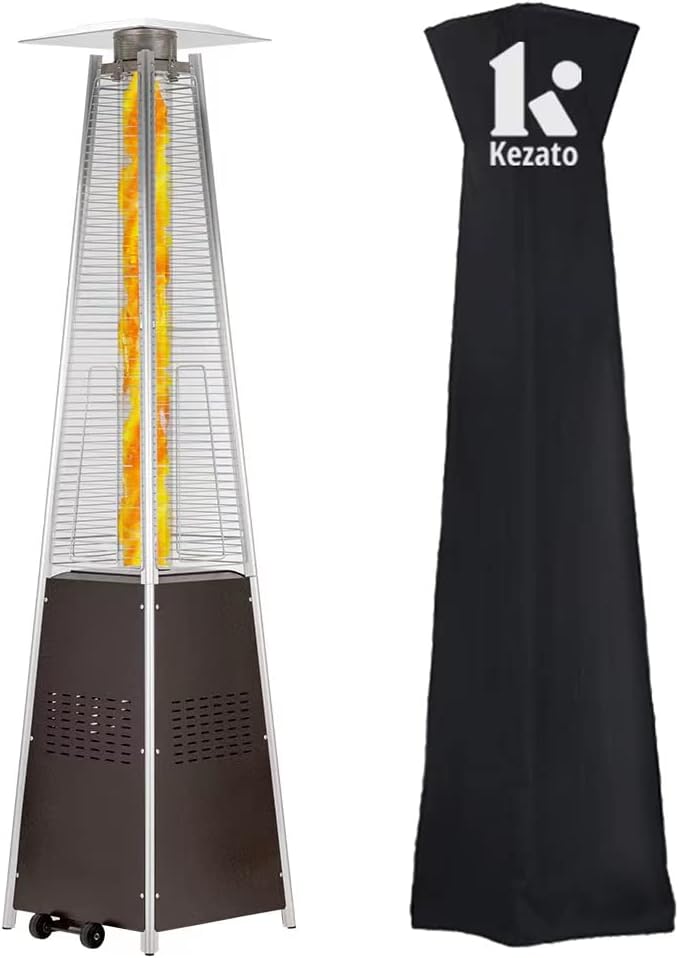 Patio Heater, KEZATO Outdoor Pyramid Patio Heater with Cover and Wheels 42,000 BTU Glass Tube Propane Heater for Commercial and Residential Use - Bronze