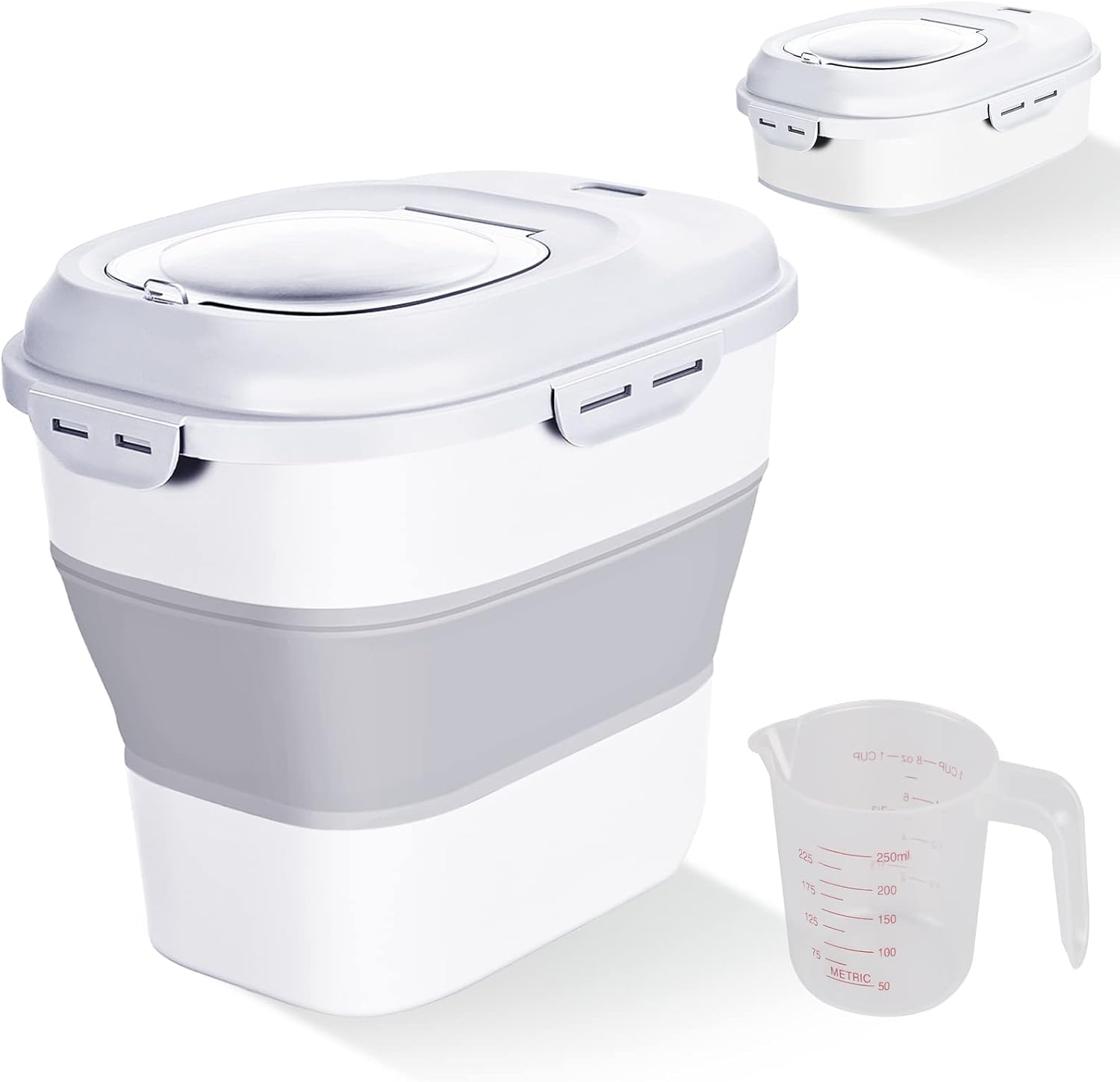 Cereal Rice Food Storage Containers, Collapsible 20 to 50 Lbs Dispenser Bin with Rolling Wheel Airtight Locking Lid, Dog Pet Cat Flour Sugar Plastic Leakproof Sealable Large Kitchen Pantry Holder